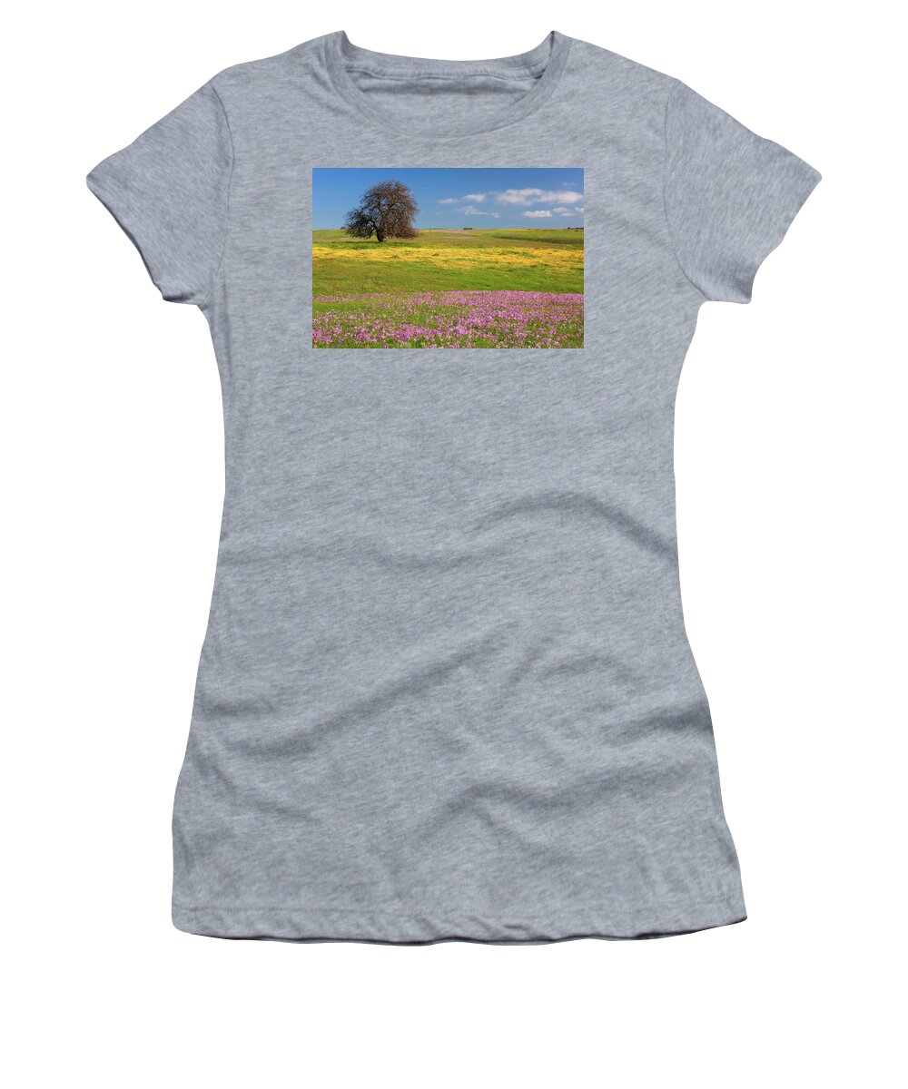 California Wildflowers Women's T-Shirt featuring the photograph Wildflowers and Oak Tree - Spring in Central California by Ram Vasudev