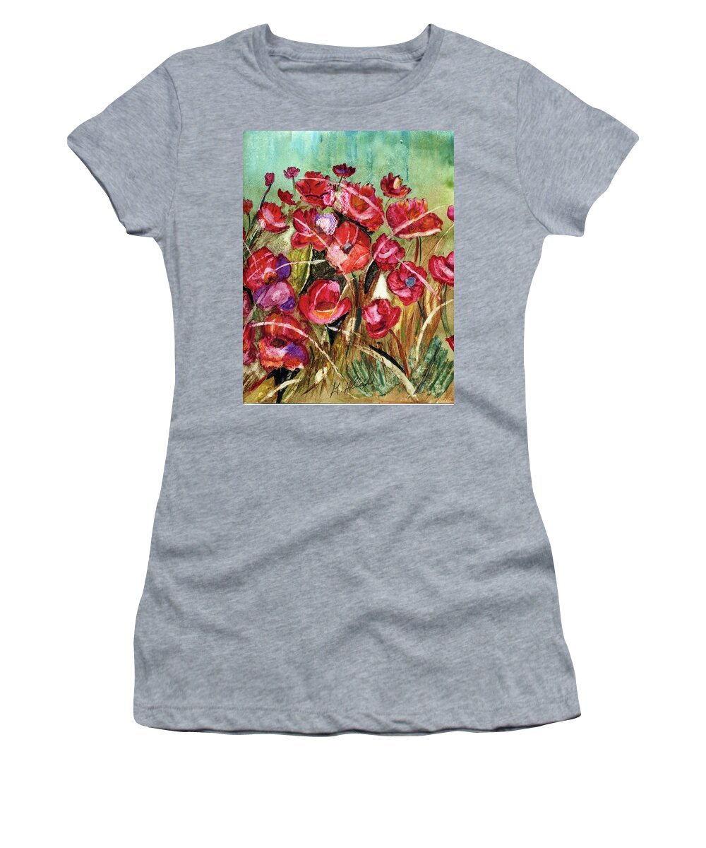  Red Women's T-Shirt featuring the painting Red poppies in he wind by Genevieve Holland
