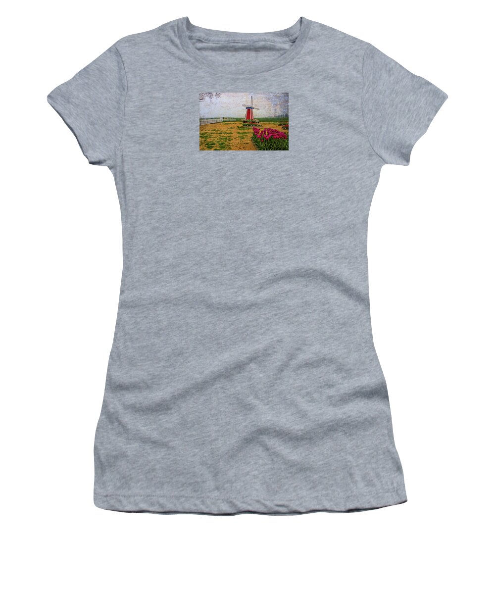 Hdr Women's T-Shirt featuring the photograph Windmill and Tulips by Thom Zehrfeld