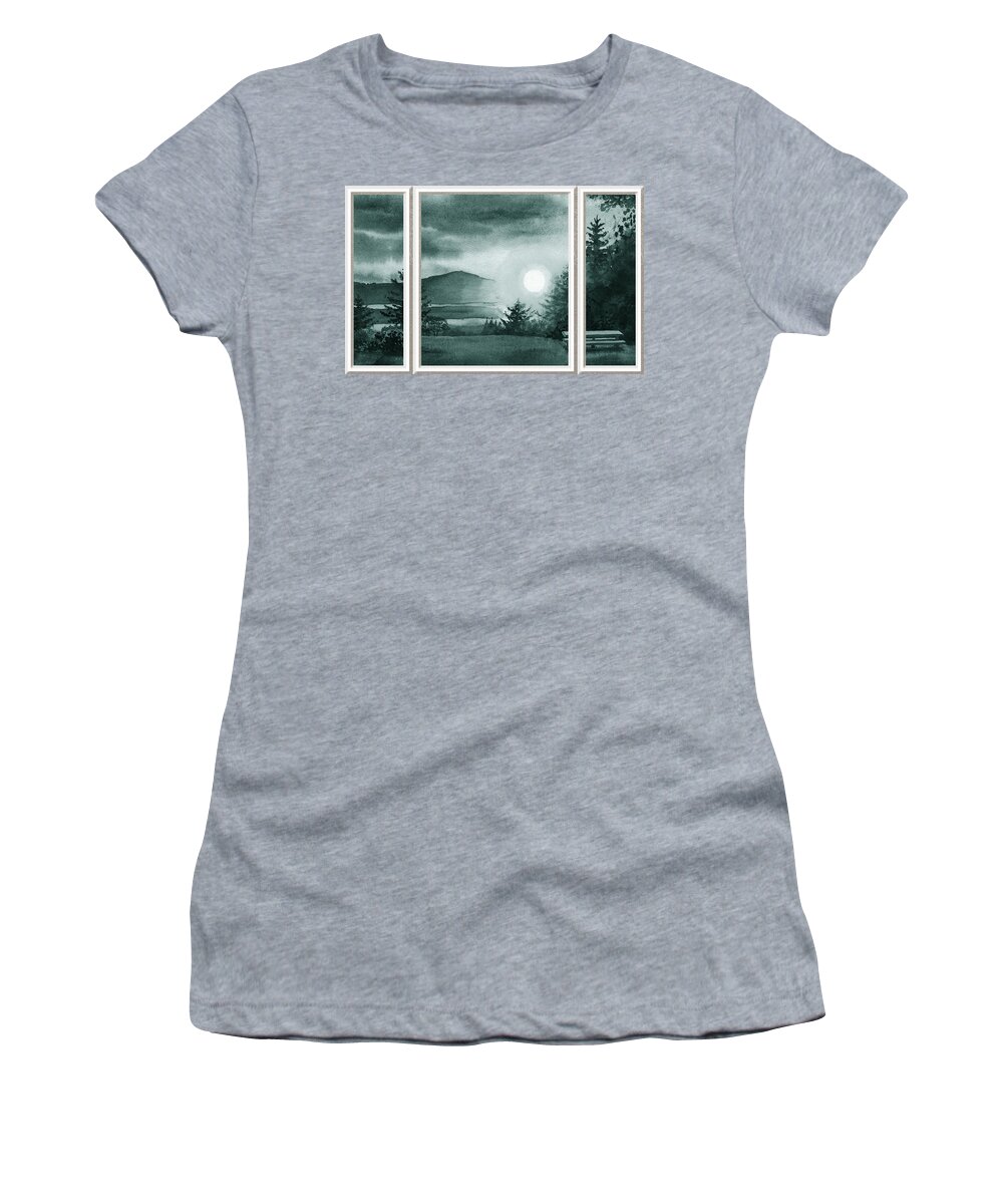 Window View Women's T-Shirt featuring the painting Window View Of A Sunset Meditative Landscape With Calm River Watercolor II by Irina Sztukowski