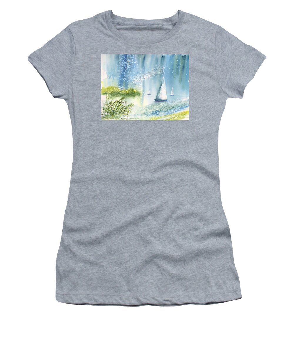 Seascape Women's T-Shirt featuring the painting Seascape -- Winds Up, Let's Sail by Catherine Ludwig Donleycott