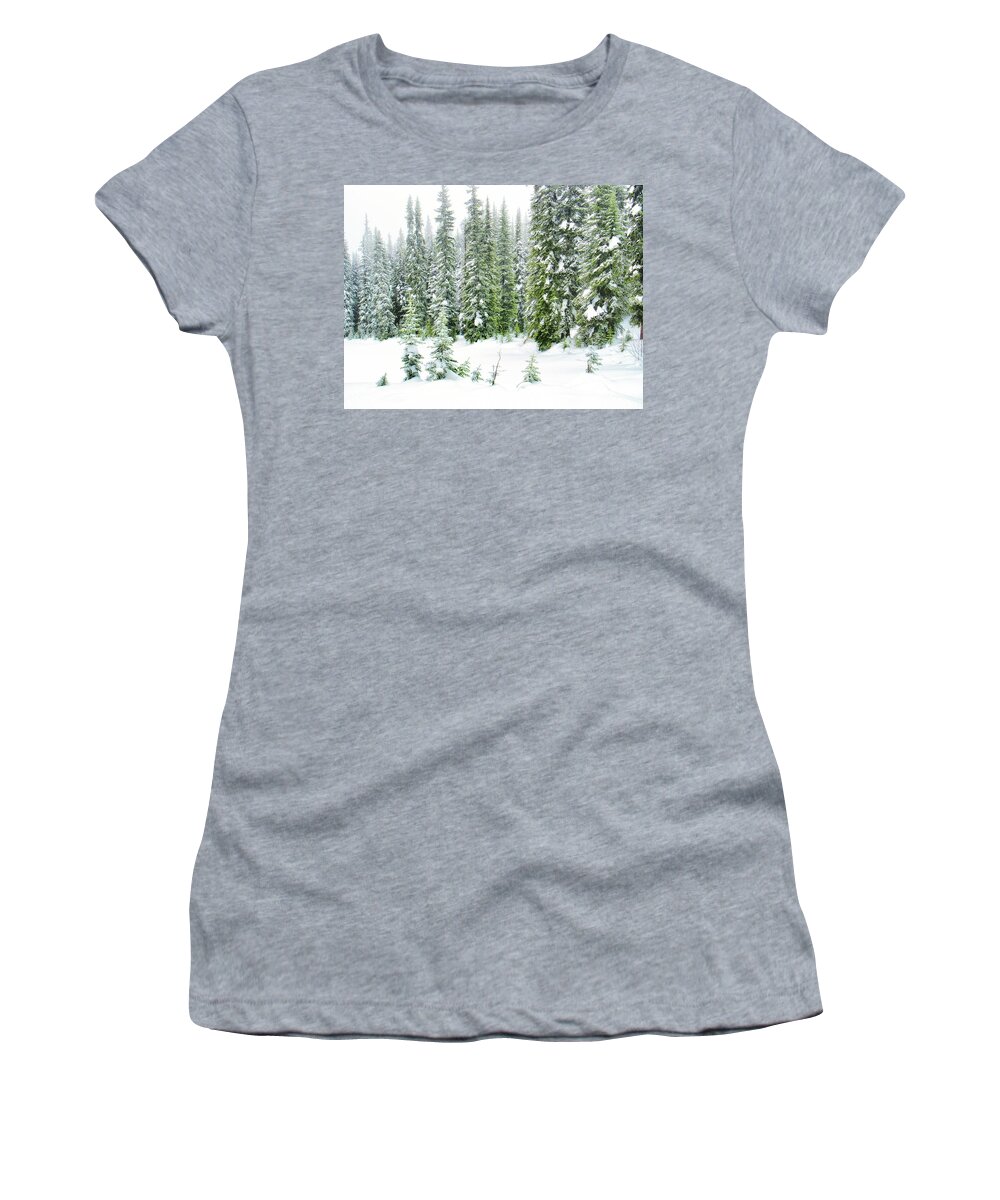 Okanagan Valley Women's T-Shirt featuring the photograph Winter and Evergreens by Allan Van Gasbeck