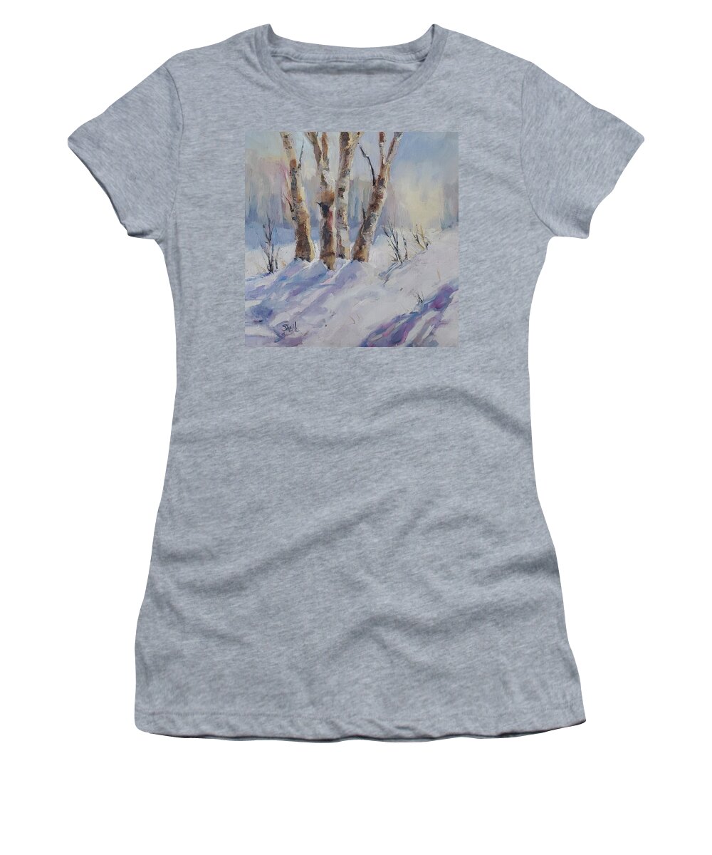Landscape Women's T-Shirt featuring the painting Winter Birches by Sheila Romard