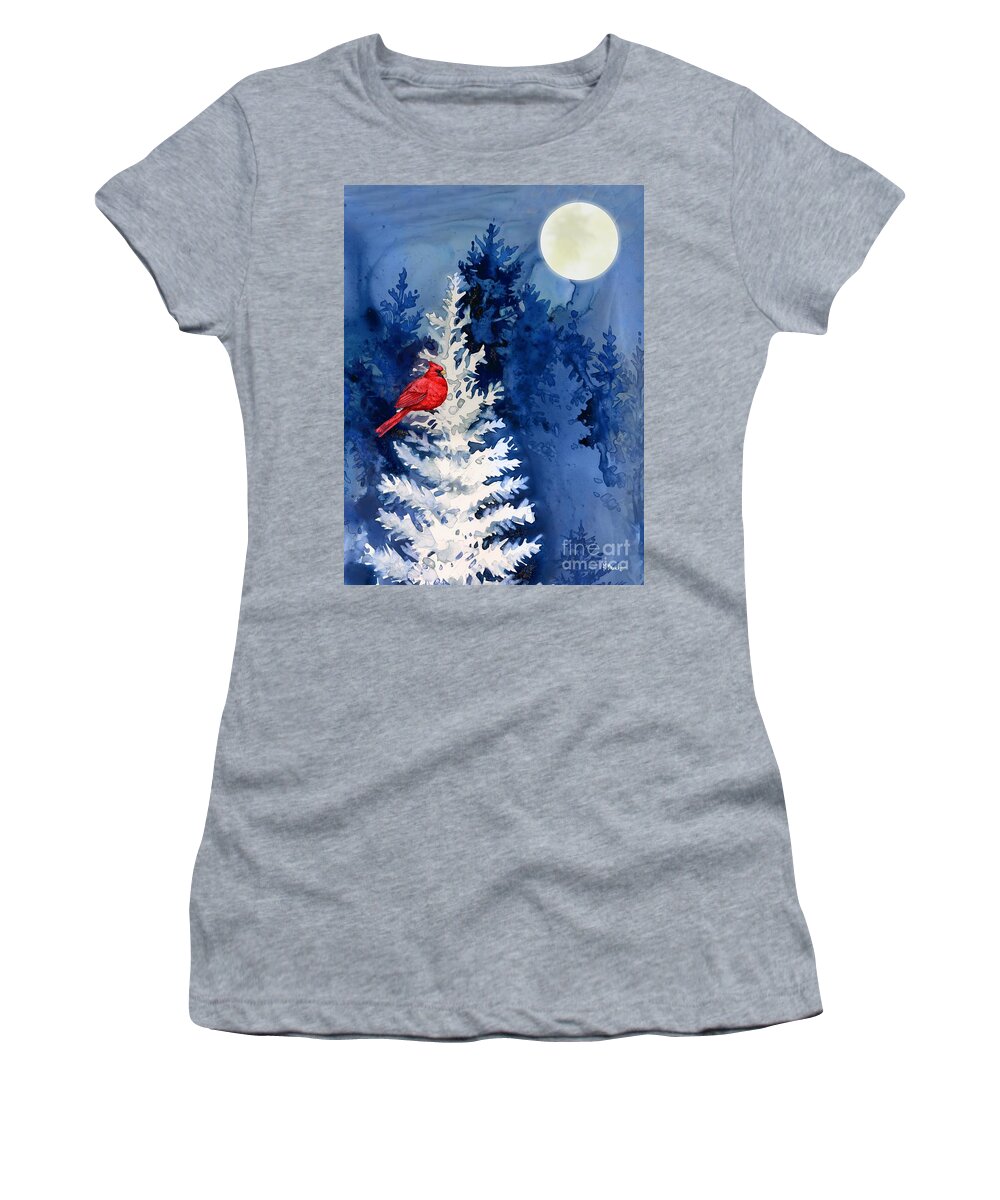 Watercolor Women's T-Shirt featuring the painting Winter Cardinal Moon Vertical by Paul Brent