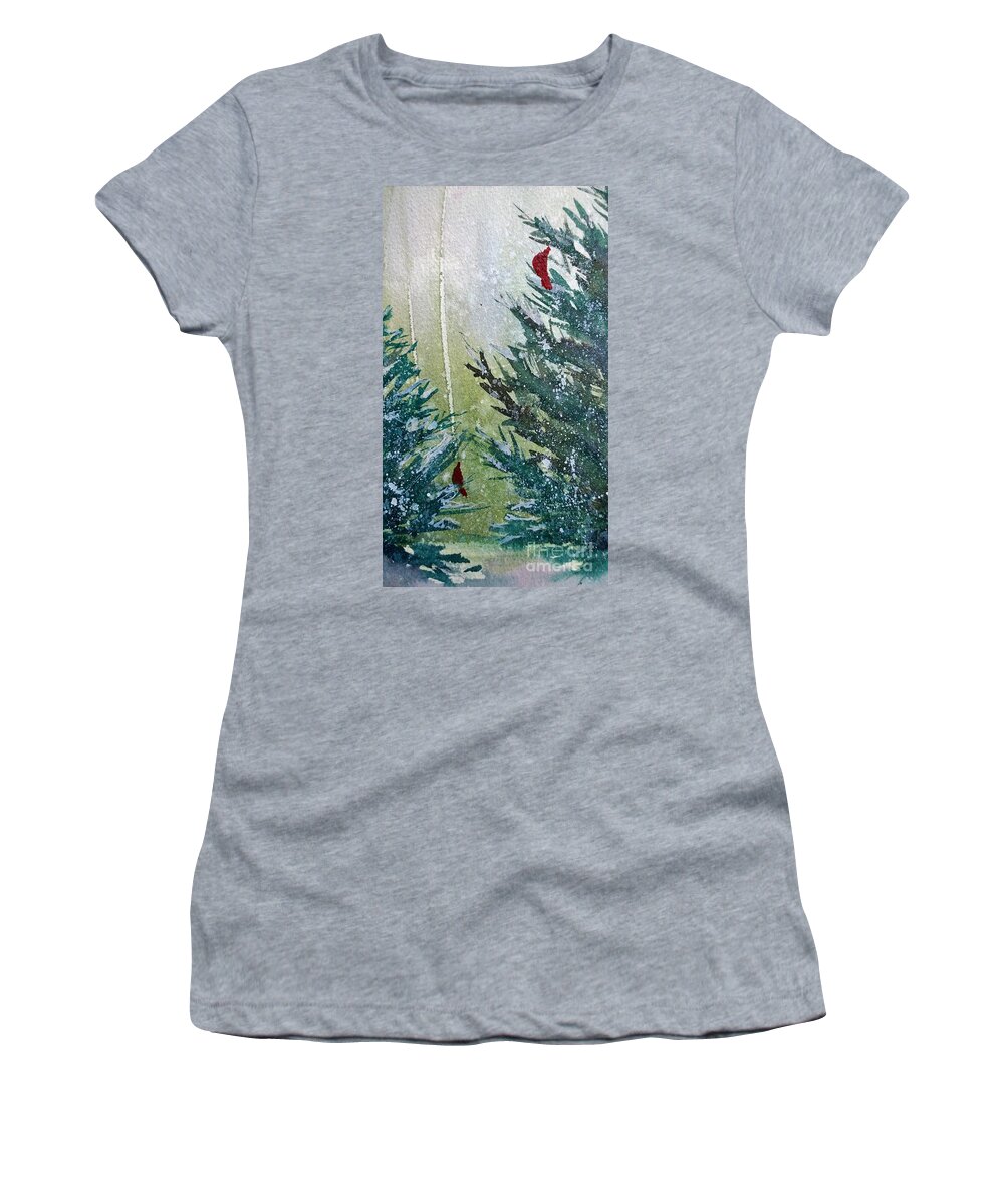 Winter Themed Cards Women's T-Shirt featuring the painting Winter Cardinals by Eunice Miller