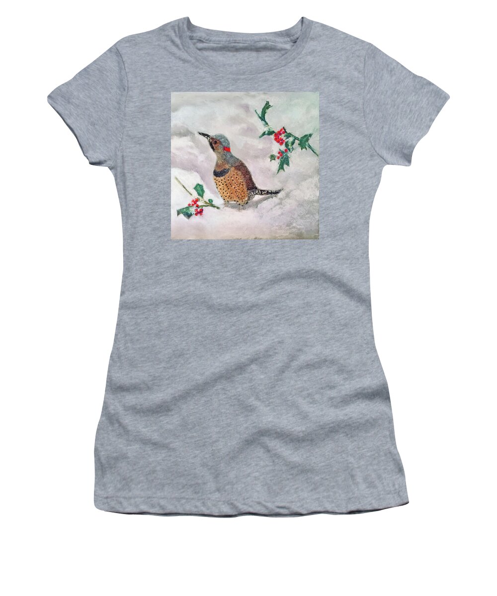 This Is One Of A Series Of Three Winter Birds Women's T-Shirt featuring the painting Winter Flicker by Harriett Masterson