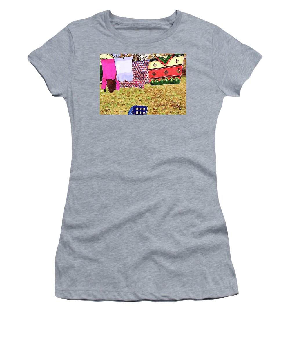 Laundry Day Women's T-Shirt featuring the mixed media Winter Laundry Day Watercolor Painting by Shelli Fitzpatrick