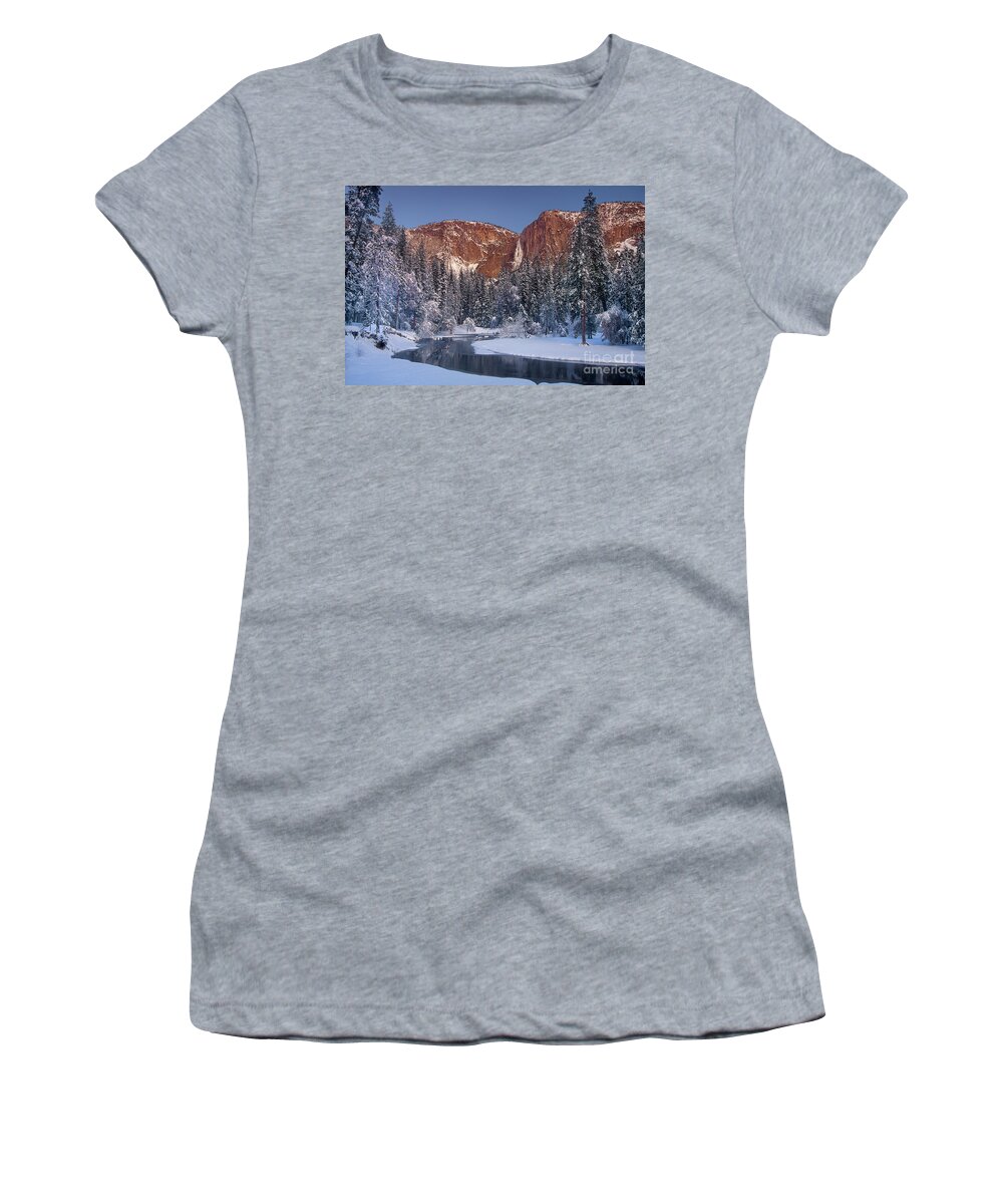 Dave Welling Women's T-Shirt featuring the photograph Winter Morning Yosemite Falls Yosemite National Park by Dave Welling