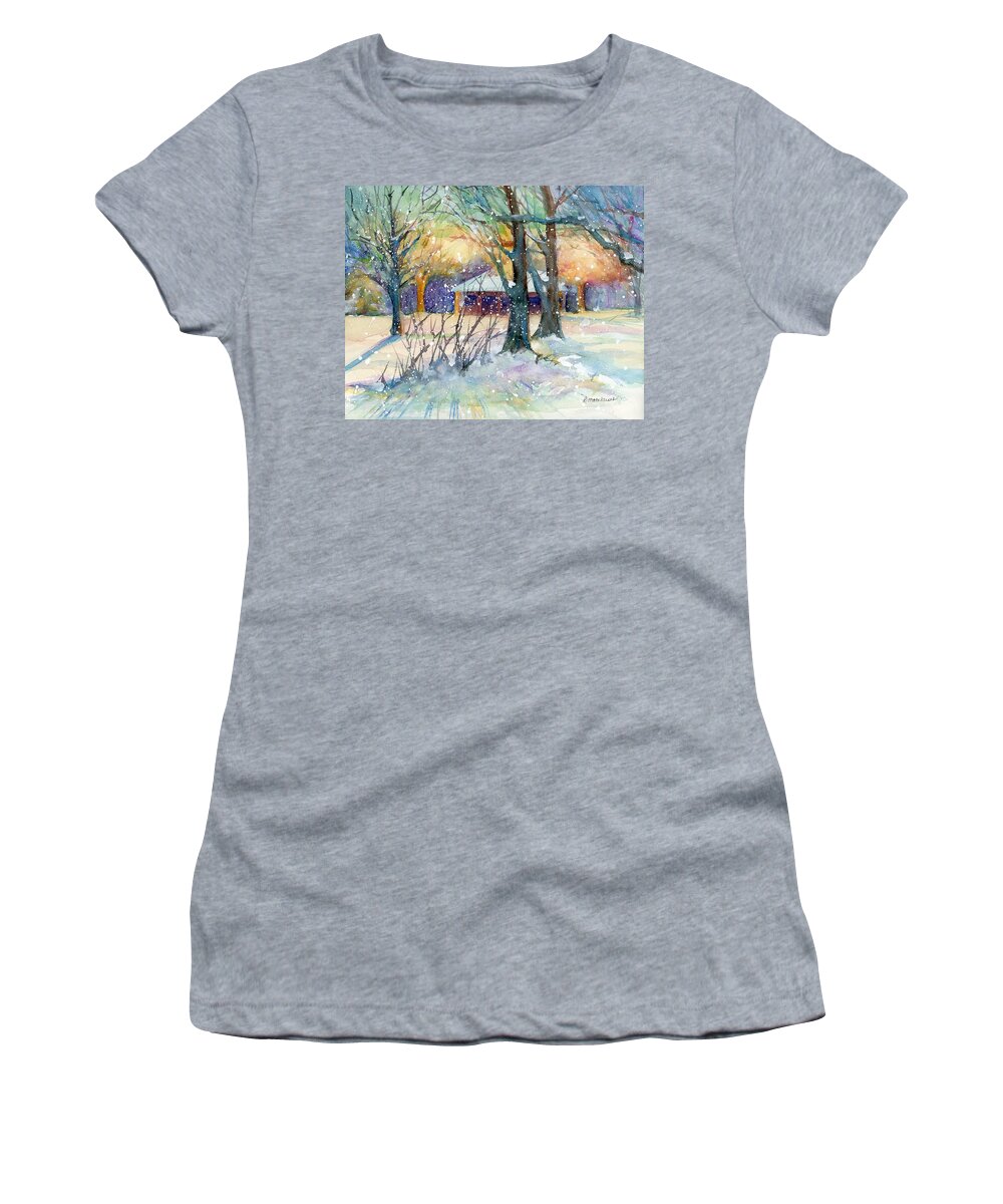 Crapo Park Women's T-Shirt featuring the painting Winter sunrise at the park by Rebecca Matthews