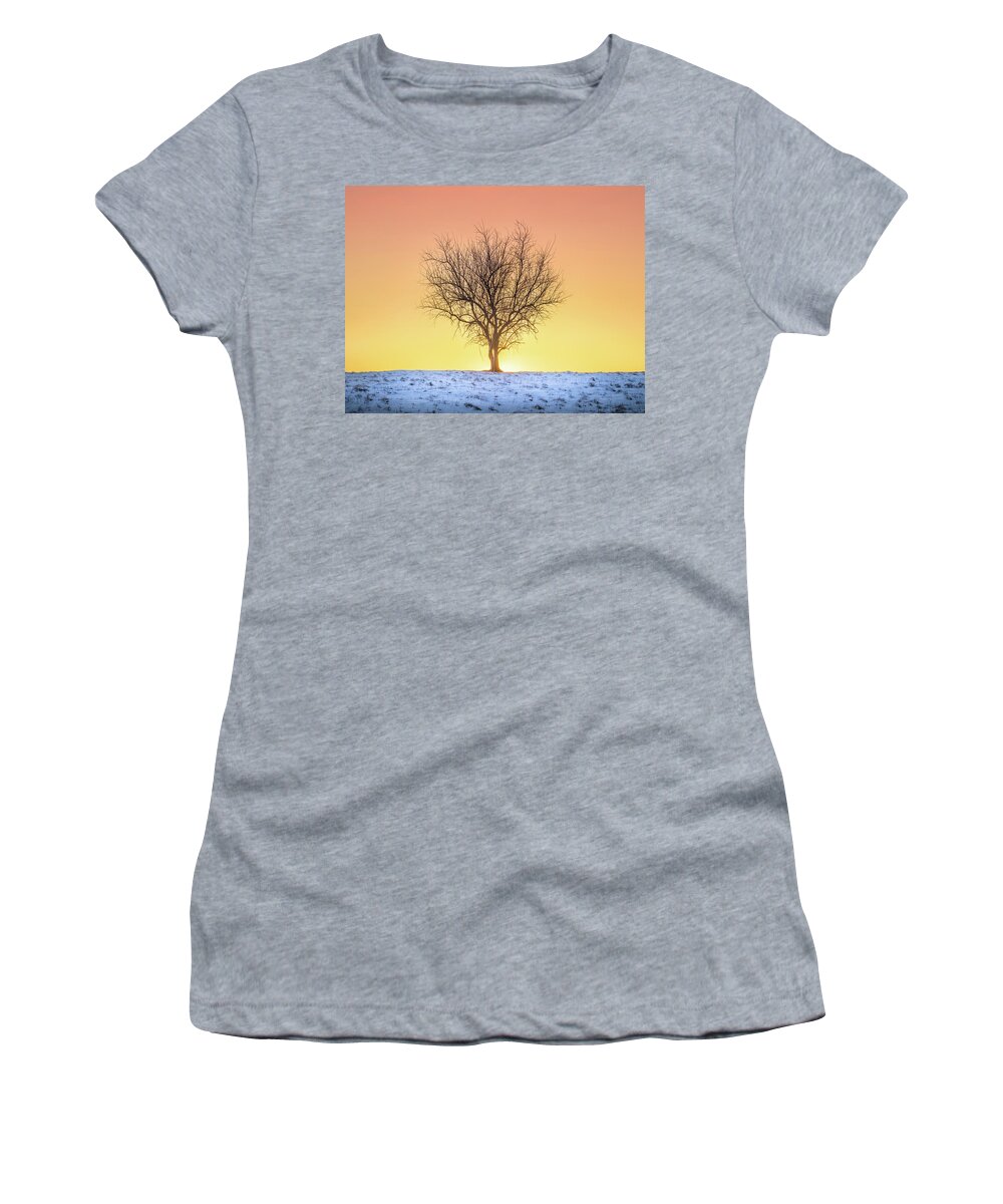 Sunrise Women's T-Shirt featuring the photograph Winter Sunrise At The Tree Tupelo Mississippi by Jordan Hill