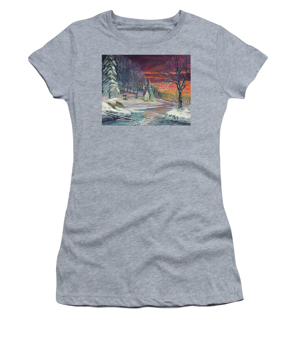 Winter Women's T-Shirt featuring the painting Winter Sunset By The River by Nancy Griswold