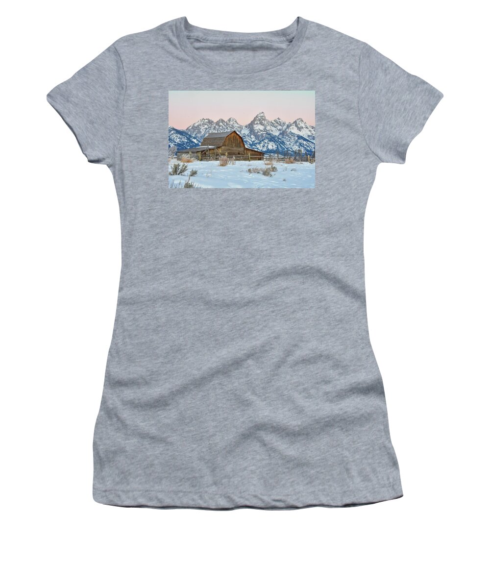 Sunrise Women's T-Shirt featuring the photograph Wintery Teton Barn by Ed Stokes