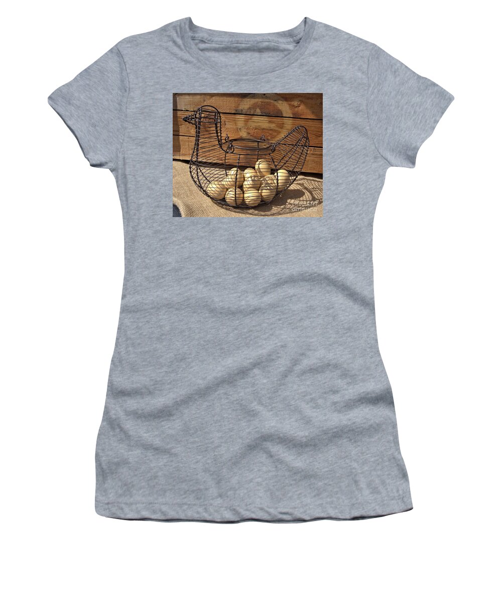 Wire Women's T-Shirt featuring the photograph Wire Chicken Faux Eggs by Kae Cheatham