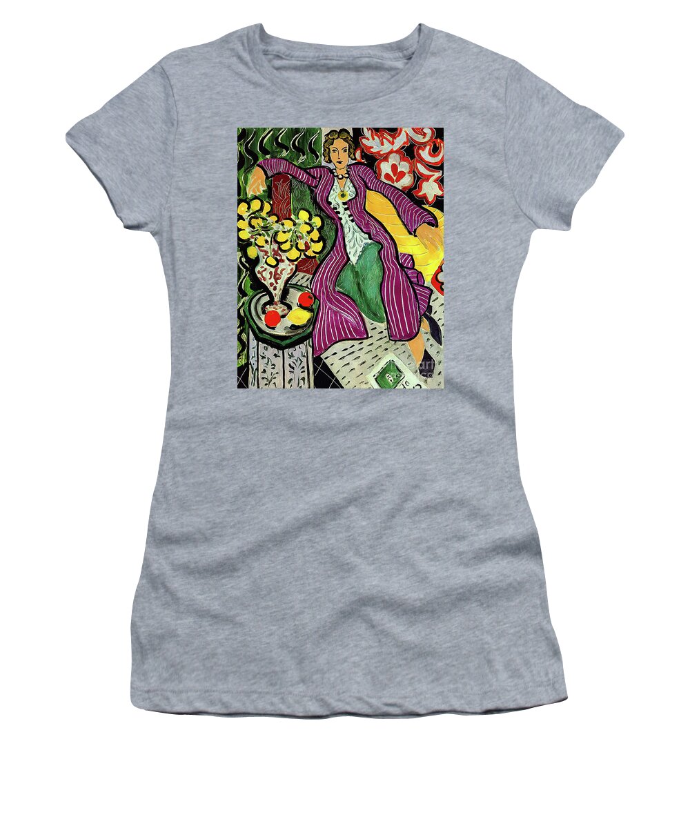 Woman Women's T-Shirt featuring the painting Woman in a Purple Coat by Henri Matisse 1937 by Henri Matisse