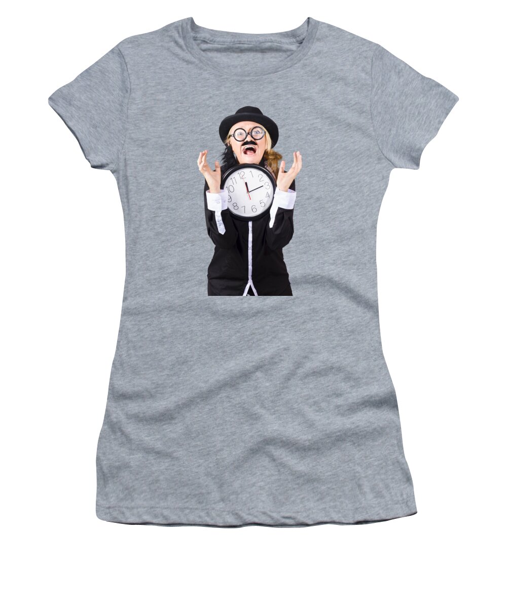 Late Women's T-Shirt featuring the photograph Woman in panic with behind schedule clock by Jorgo Photography