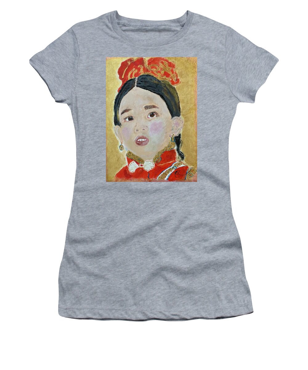Girl Women's T-Shirt featuring the painting Asian Girl At Chinese New Year Eyes Full Of Wonder by Melody Fowler