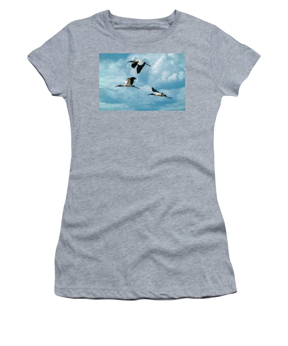 Storks Women's T-Shirt featuring the photograph Wood Storks In Flight by Chris Lord