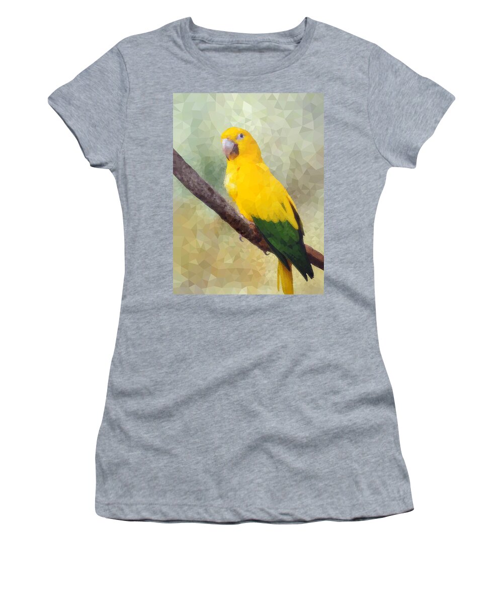 Bird Women's T-Shirt featuring the mixed media Yellow Green Parrot Bird 84 by Lucie Dumas