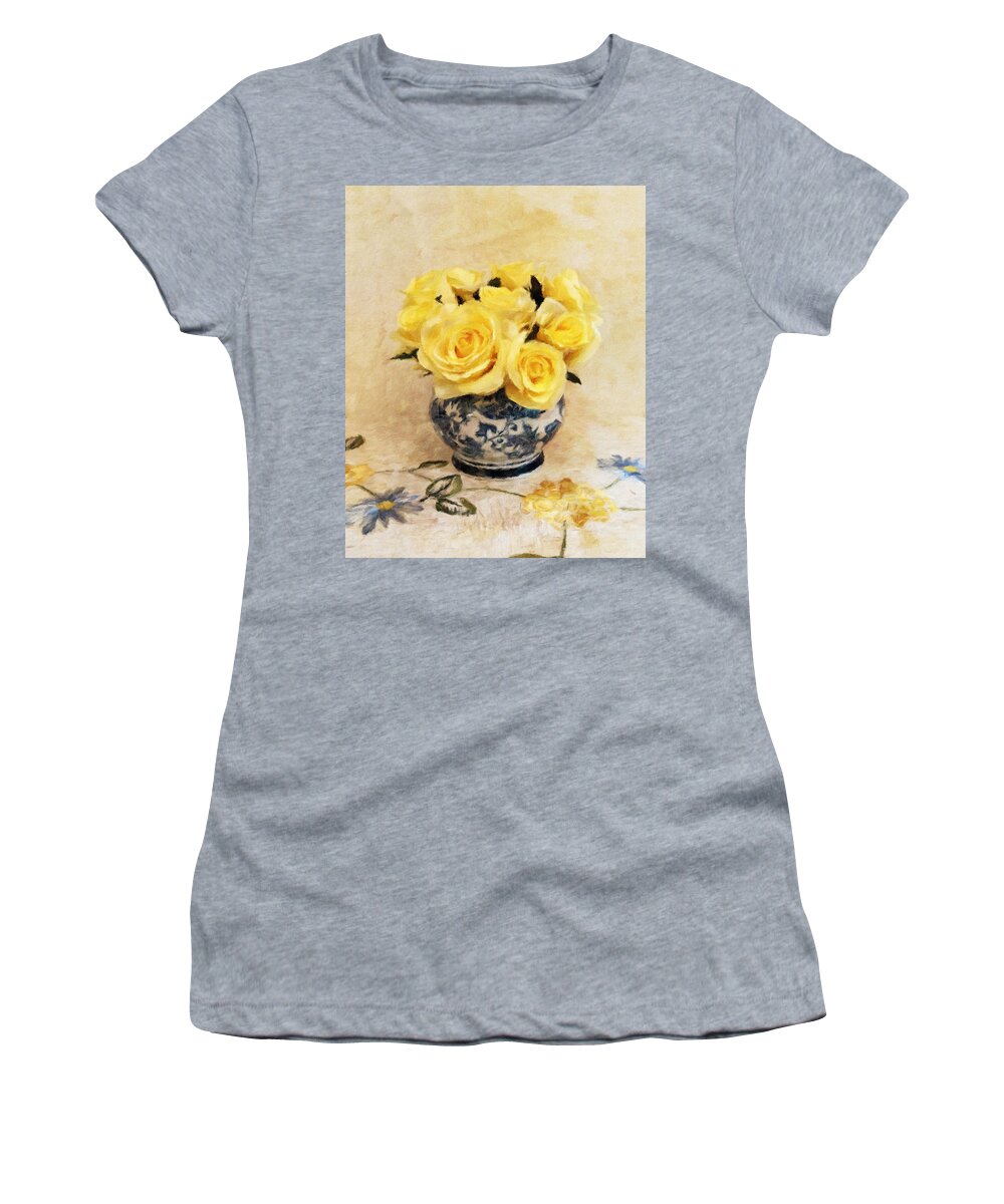 Roses Women's T-Shirt featuring the photograph Yellow Roses in Blue and White Vase by Diane Lindon Coy