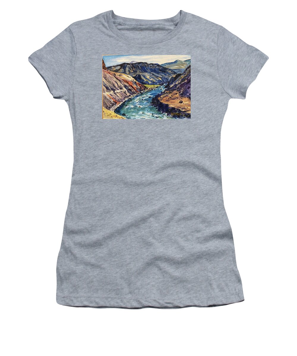 Yellowstone Women's T-Shirt featuring the painting Yellowstone River Trail to Mouth of Bear Creek by Les Herman
