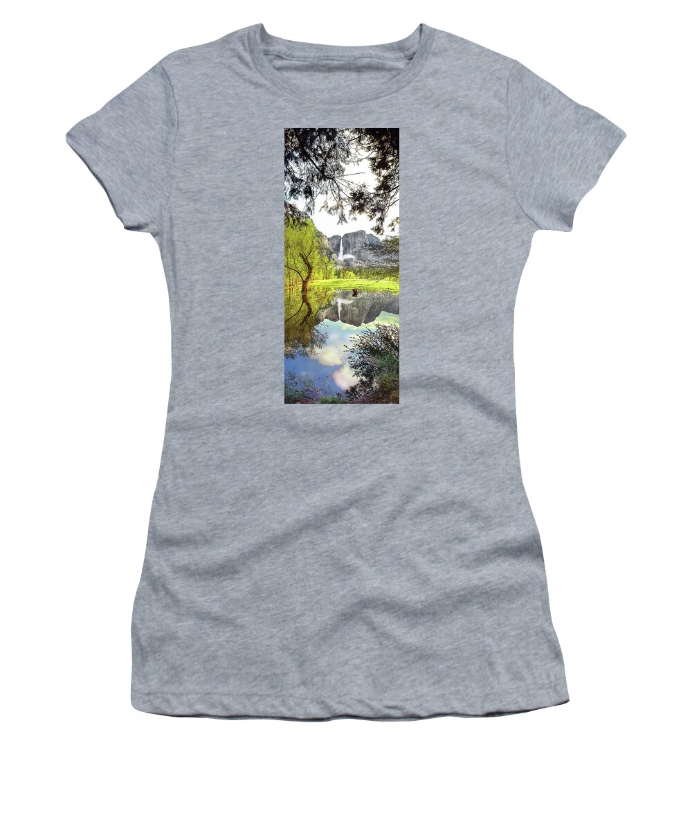 Yosemite Falls Women's T-Shirt featuring the photograph YOSEMITE FALLS, PANORAMA, Yosemite National Park, California by Don Schimmel