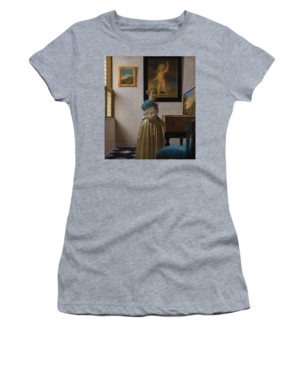 Virginal Women's T-Shirt featuring the painting Young Woman standing at a Virginal by Johannes Vermeer