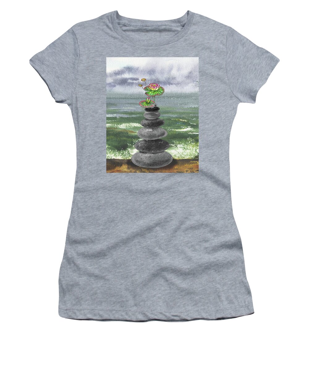 Cairn Rocks Women's T-Shirt featuring the painting Zen Rocks Cairn Meditative Tower With Water Lily Flower Watercolor by Irina Sztukowski