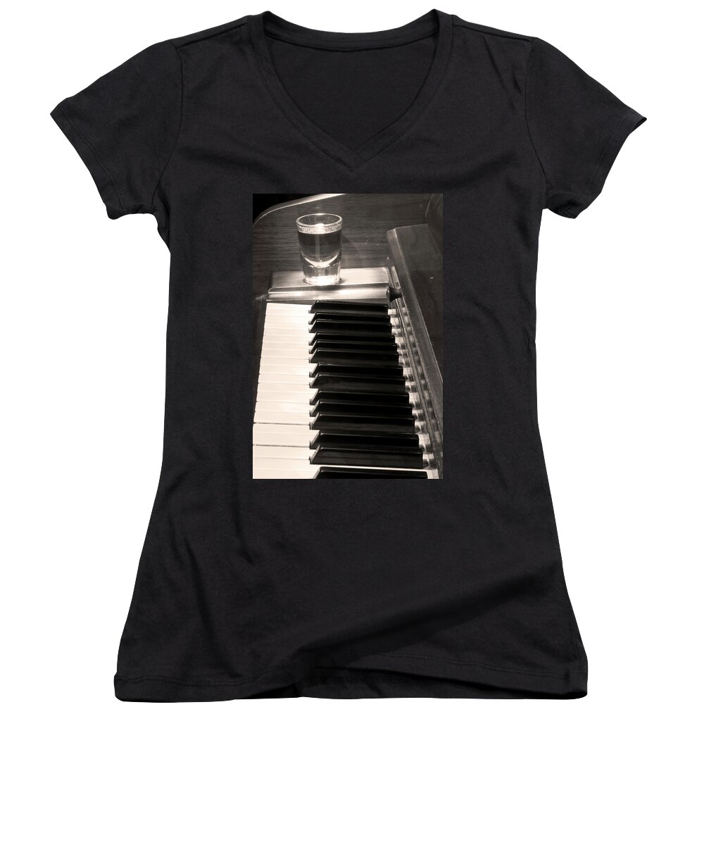 Piano Women's V-Neck featuring the photograph A shot of Bourbon Whiskey and The BW Piano Ivory Keys in Sepia by James BO Insogna