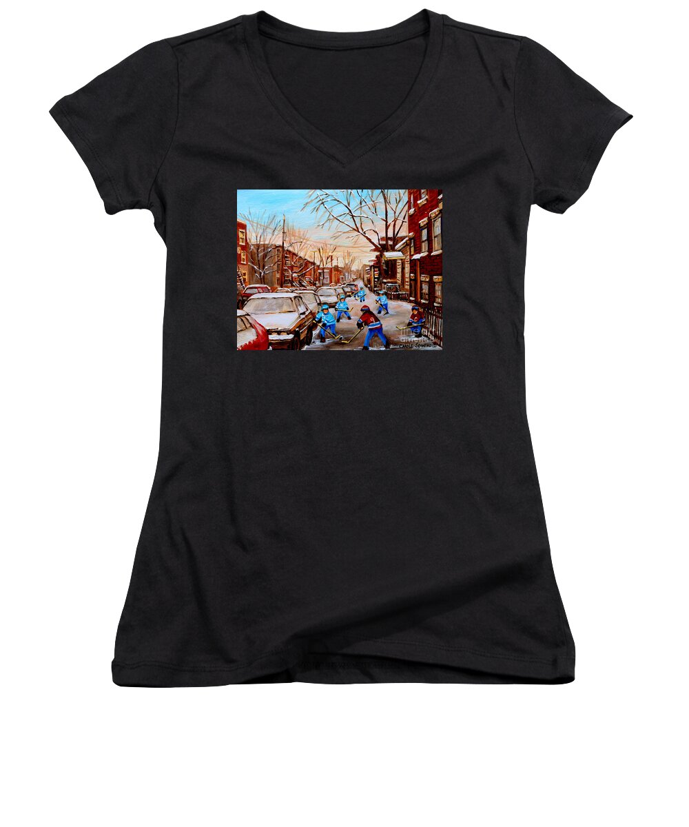 Montreal Women's V-Neck featuring the painting Hockey Art- Verdun Street Scene - Paintings Of Montreal by Carole Spandau