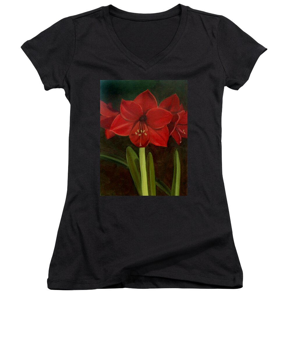 Amaryllis Women's V-Neck featuring the painting Amaryllis #2 by Nancy Griswold