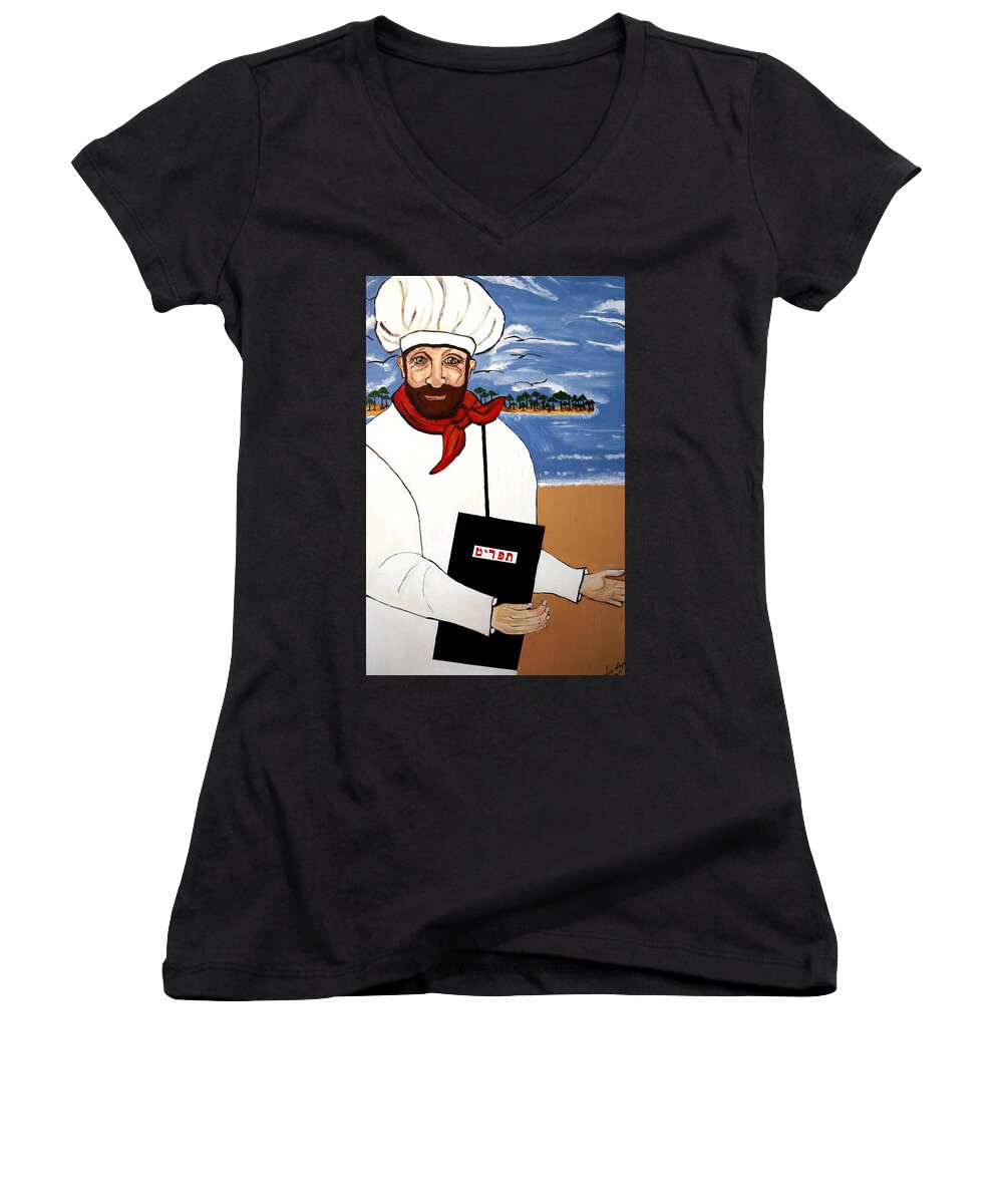 Chef From Israel Women's V-Neck featuring the painting Chef From Israel by Nora Shepley