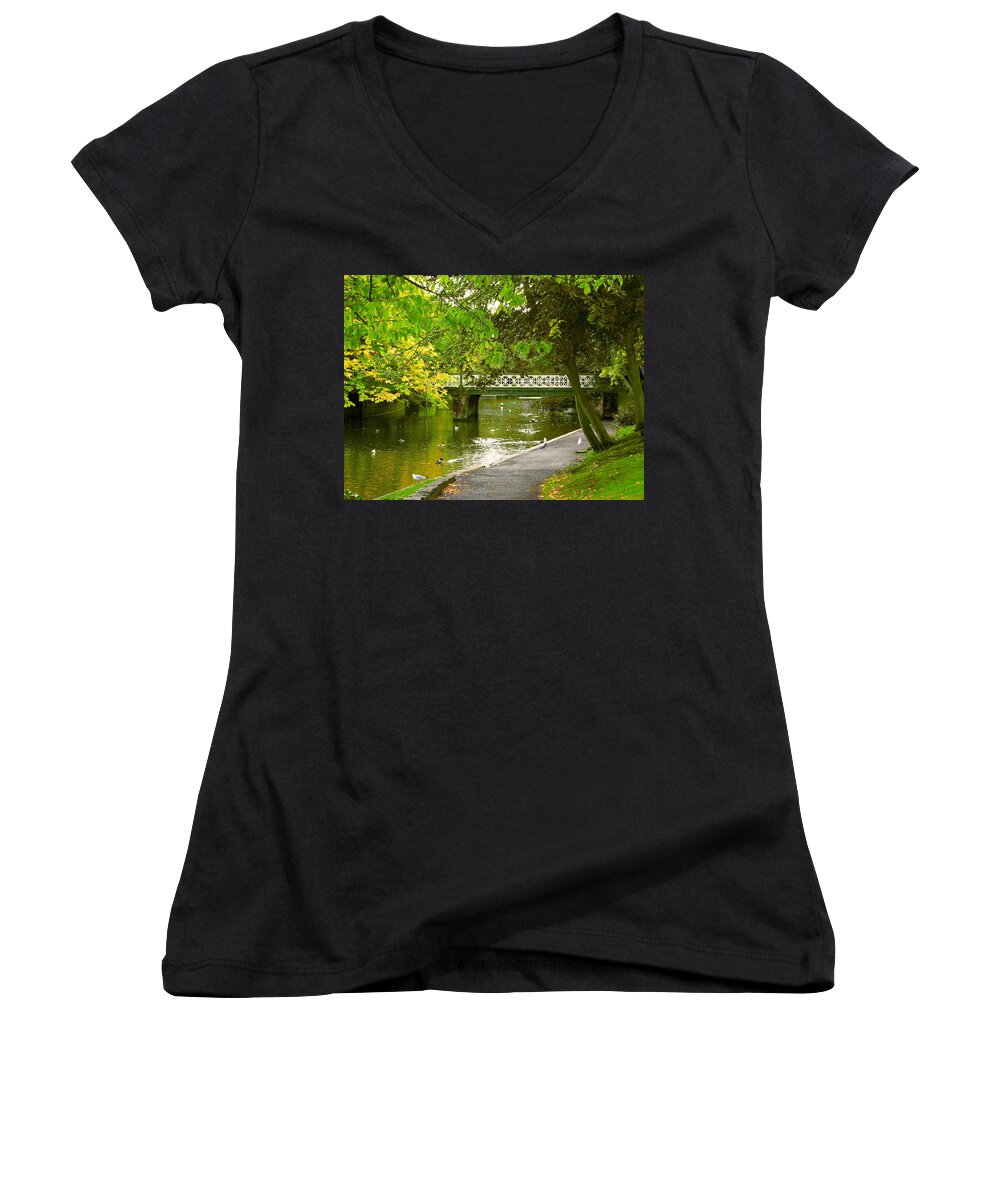 Golden Women's V-Neck featuring the photograph Golden Leaves at The Lakeside by Joan-Violet Stretch