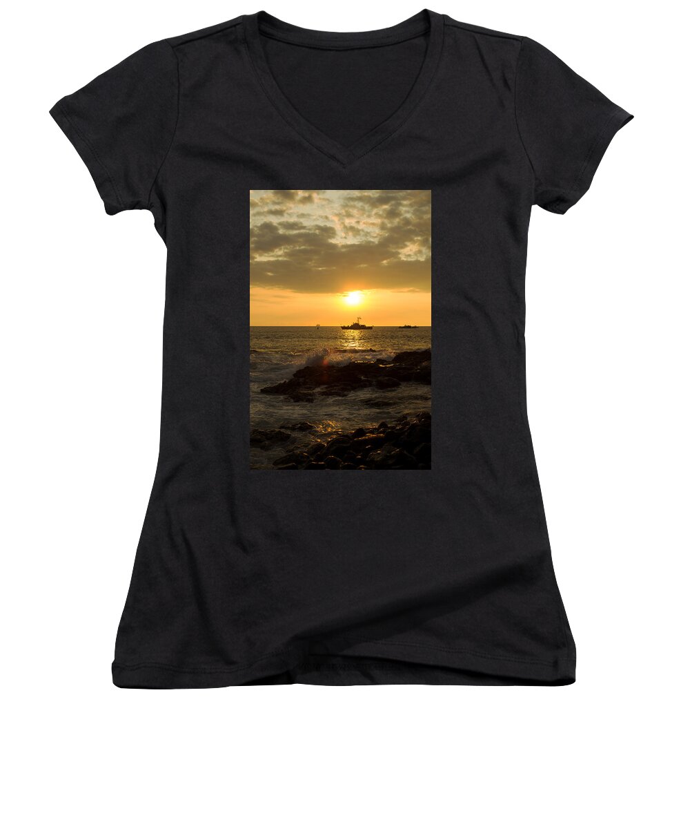 Boat Women's V-Neck featuring the photograph Hawaiian Waves at Sunset #2 by Bryant Coffey