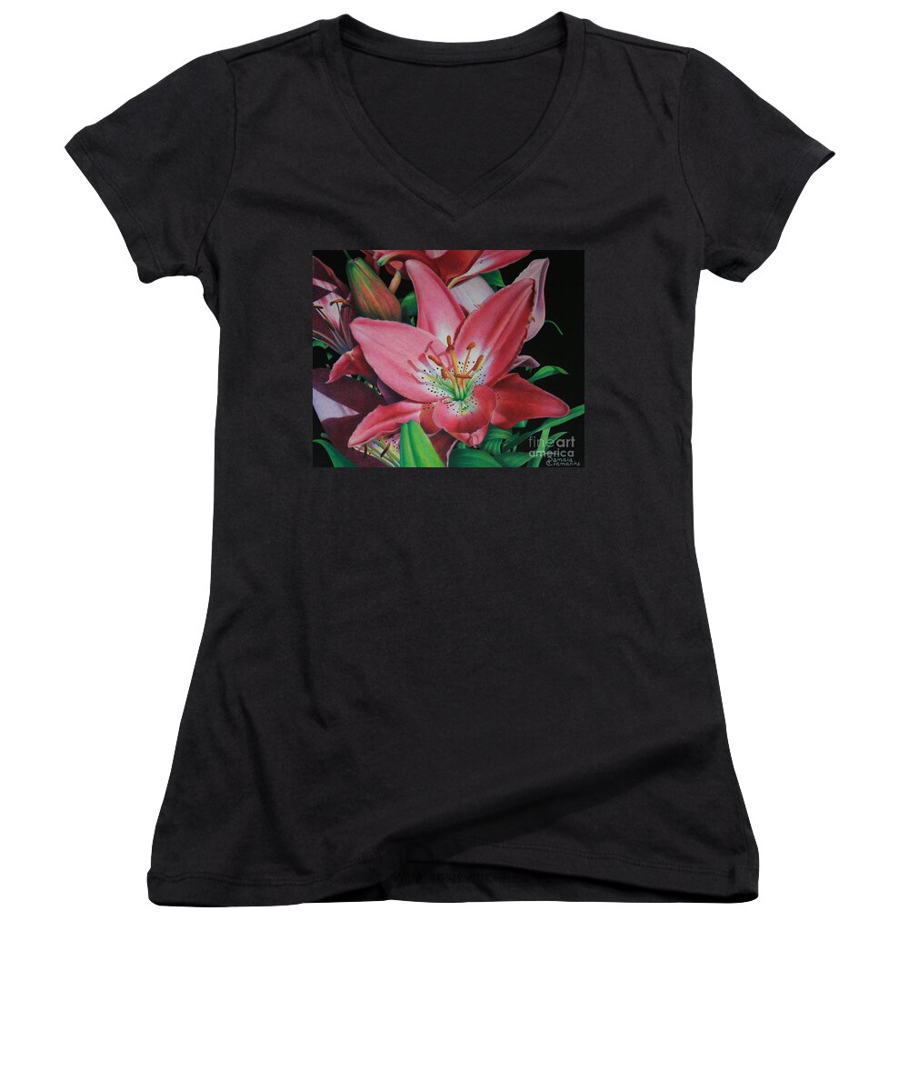 Lily Women's V-Neck featuring the painting Lily's Garden by Pamela Clements