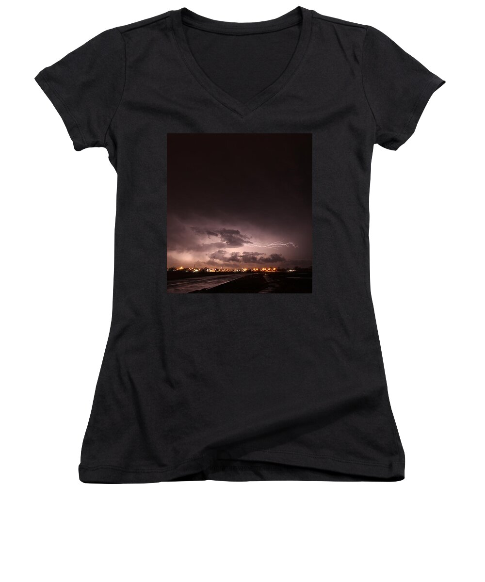 Stormscape Women's V-Neck featuring the photograph Our 1st Severe Thunderstorms in South Central Nebraska #16 by NebraskaSC
