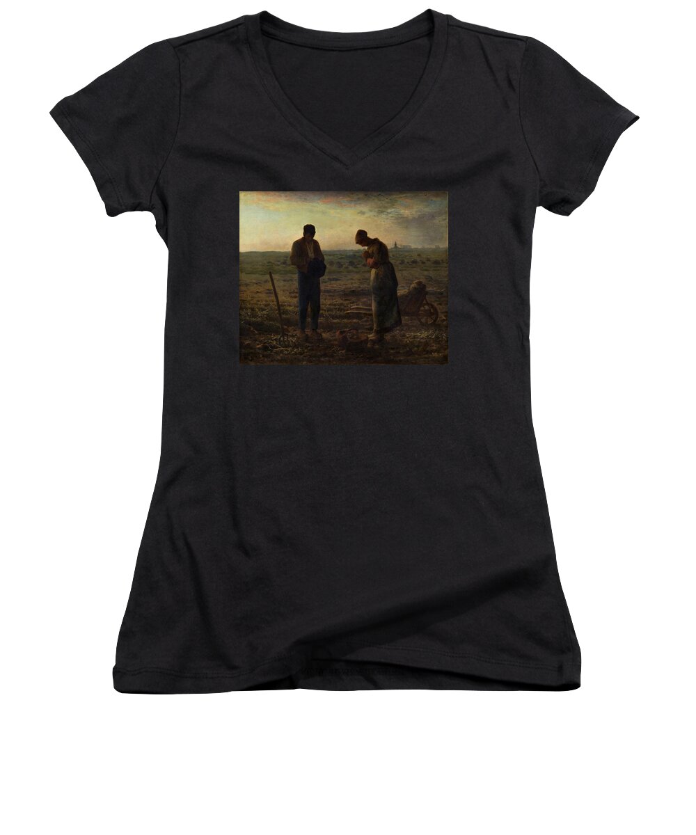 Jean-franois Millet Women's V-Neck featuring the painting The Angelus #3 by Celestial Images