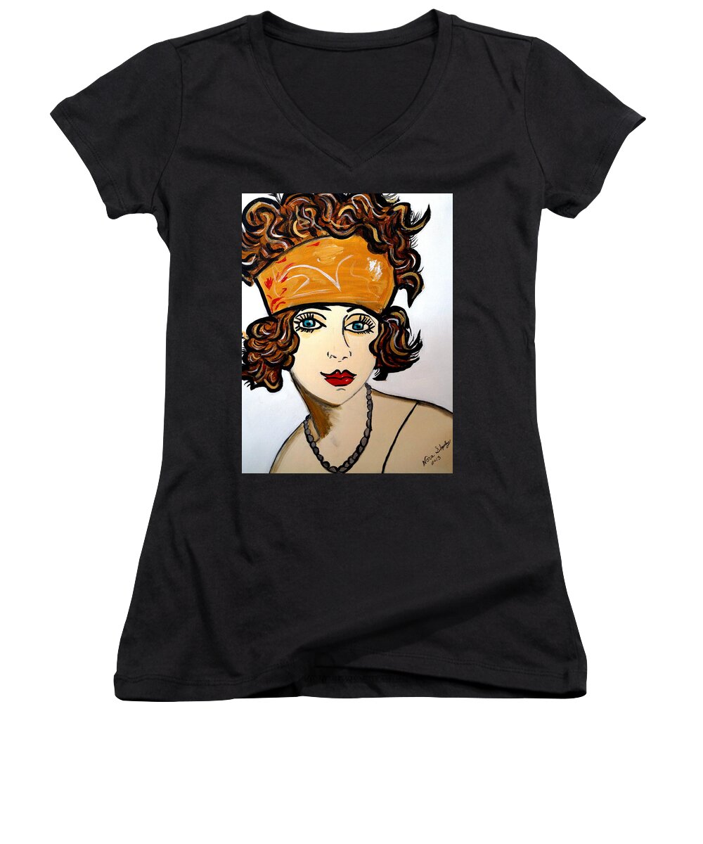 1920's Flapper Girl Hilda Women's V-Neck featuring the painting 1920's Flapper Girl by Nora Shepley