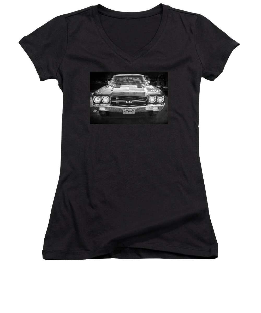 1970 Chevelle Women's V-Neck featuring the photograph 1970 Chevy Chevelle 454 SS BW  #2 by Rich Franco