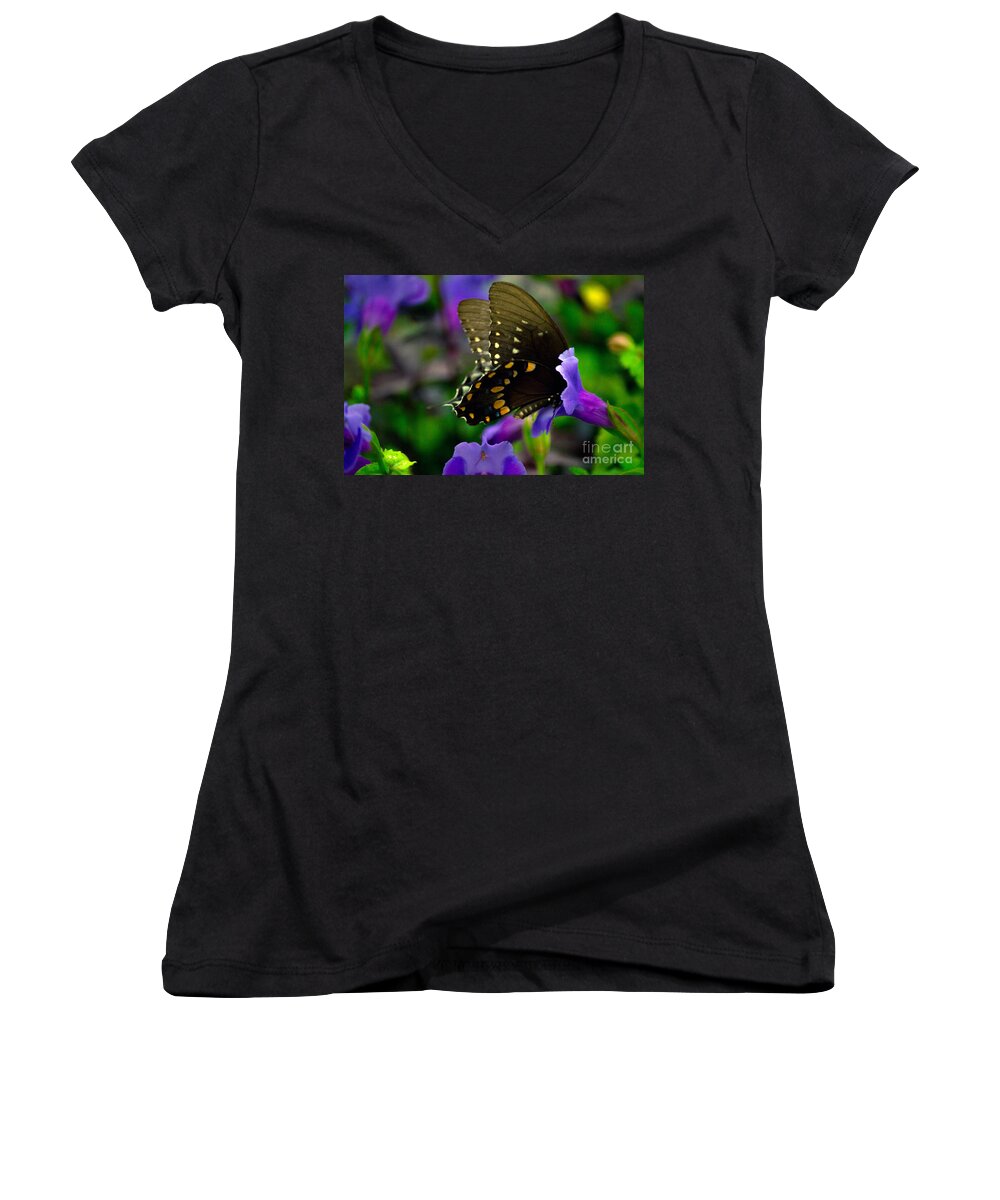 Black Women's V-Neck featuring the photograph Black Swallowtail #2 by Angela DeFrias