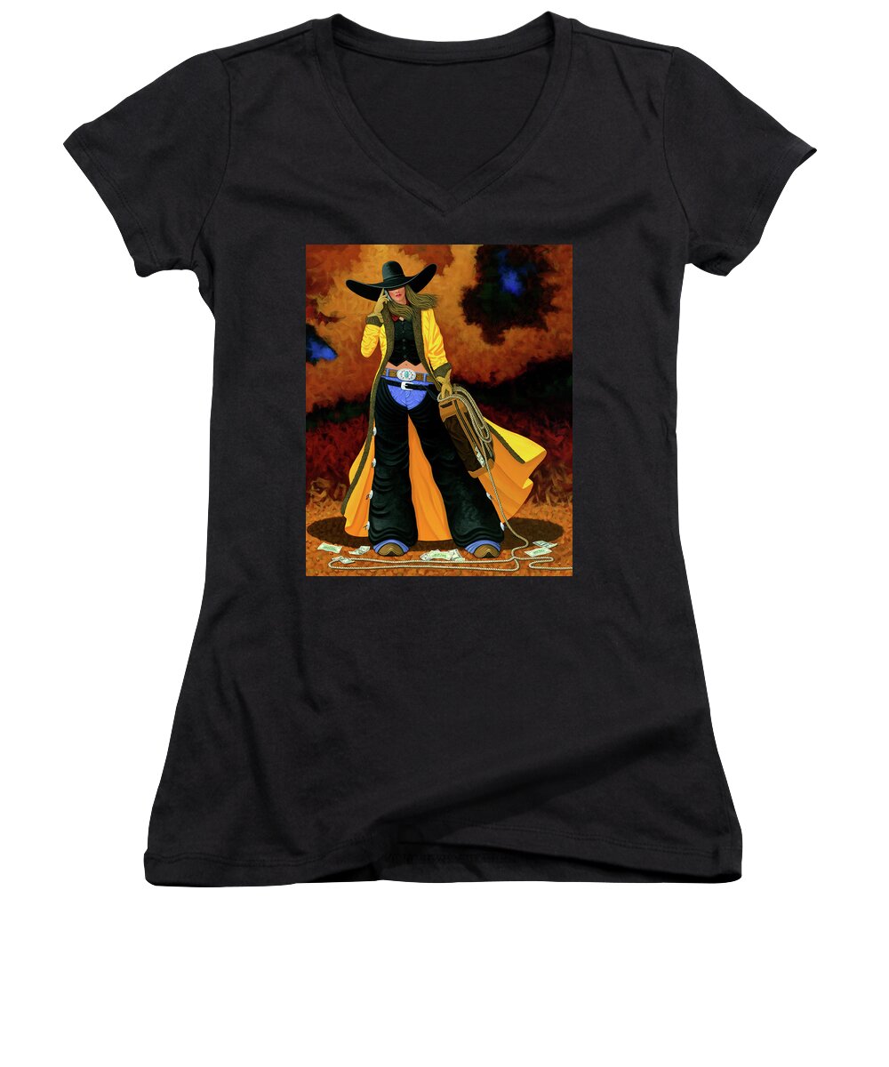 Bonnie & Clyde Women's V-Neck featuring the painting Bonnie by Lance Headlee