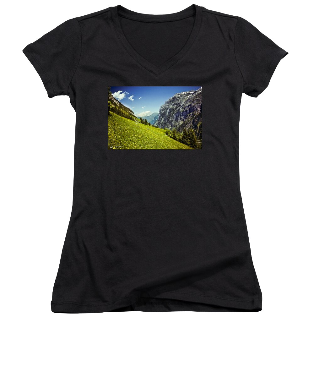 Alpine Women's V-Neck featuring the photograph Lauterbrunnen Valley in Bloom by Jeff Goulden