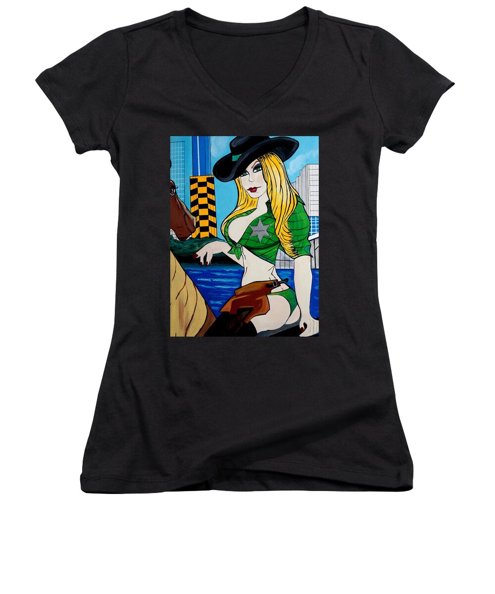 Sheriff Women's V-Neck featuring the painting New Sheriff In Town by Nora Shepley
