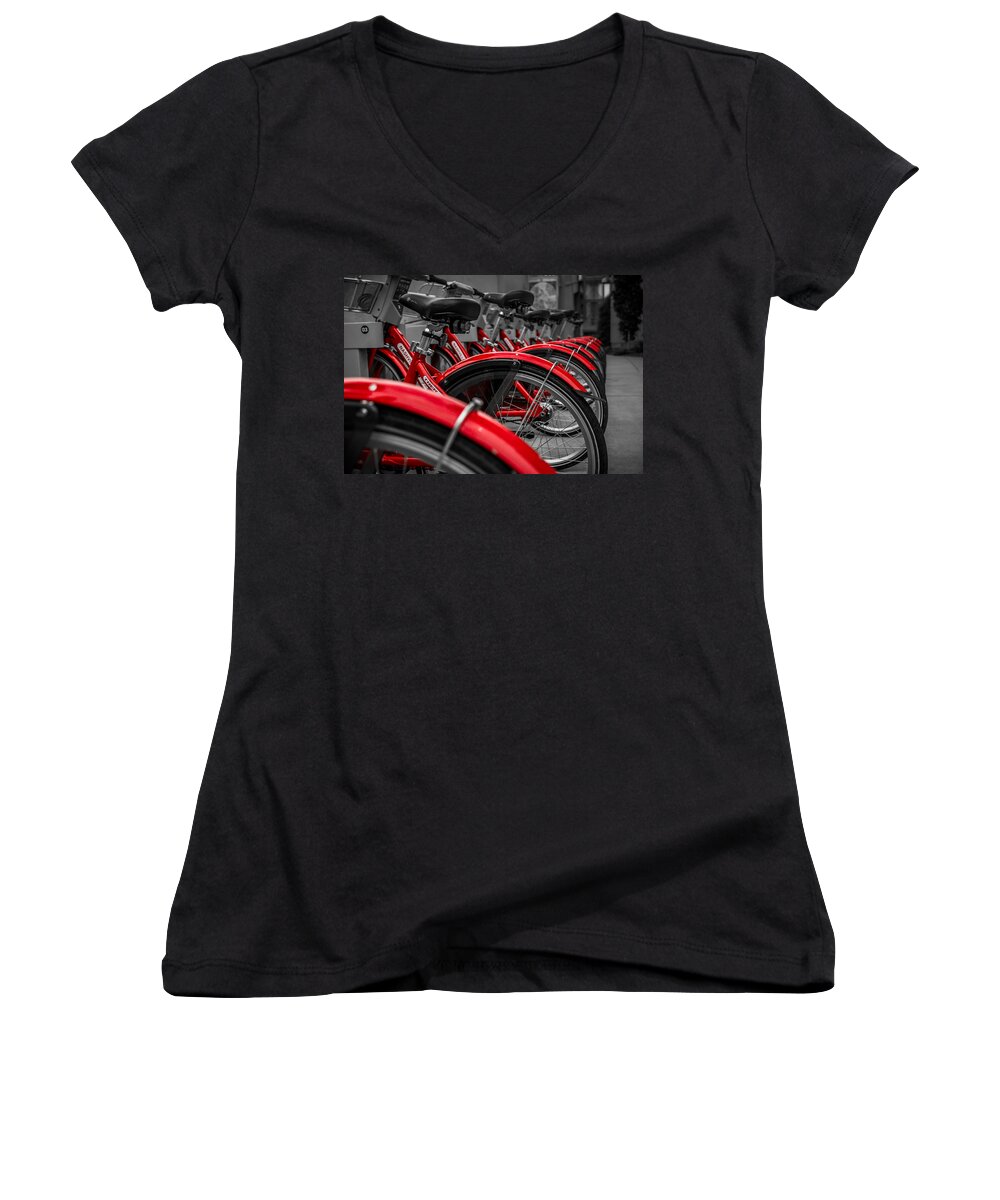 Nashville Women's V-Neck featuring the photograph Red Bicycles #1 by Ron Pate