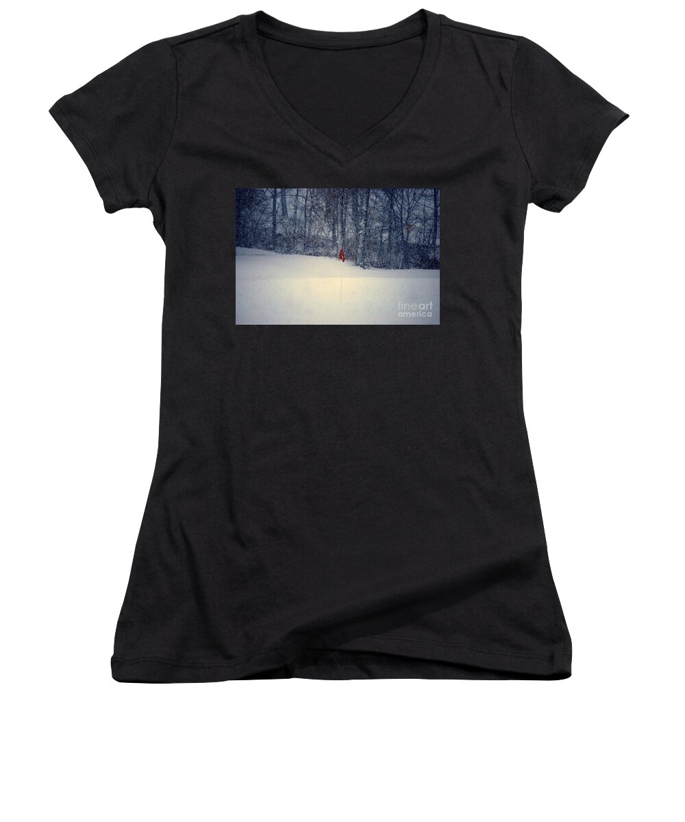 Snow Women's V-Neck featuring the photograph Red Flag on the Snow Covered Golf Course by Catherine Sherman