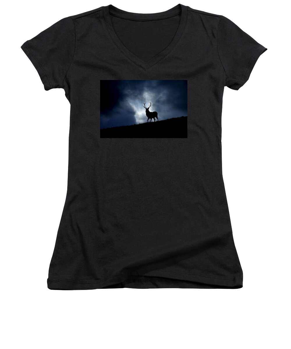 Stag Women's V-Neck featuring the photograph Stag silhouette #2 by Gavin Macrae