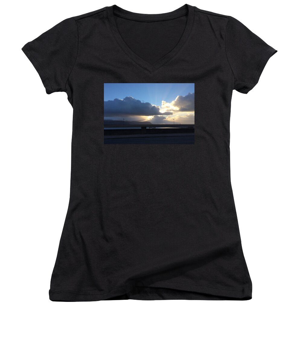 Sun Women's V-Neck featuring the photograph Sunbeams over Conwy #3 by Christopher Rowlands