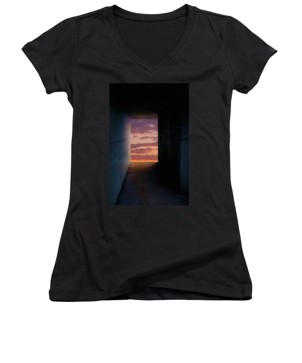 Light At The End Of The Tunnel Women's V-Neck featuring the photograph Tunnel with Light #2 by Melinda Fawver