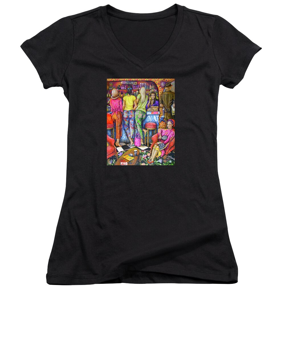 Ladies Women's V-Neck featuring the painting Shop Talk by Linda Simon