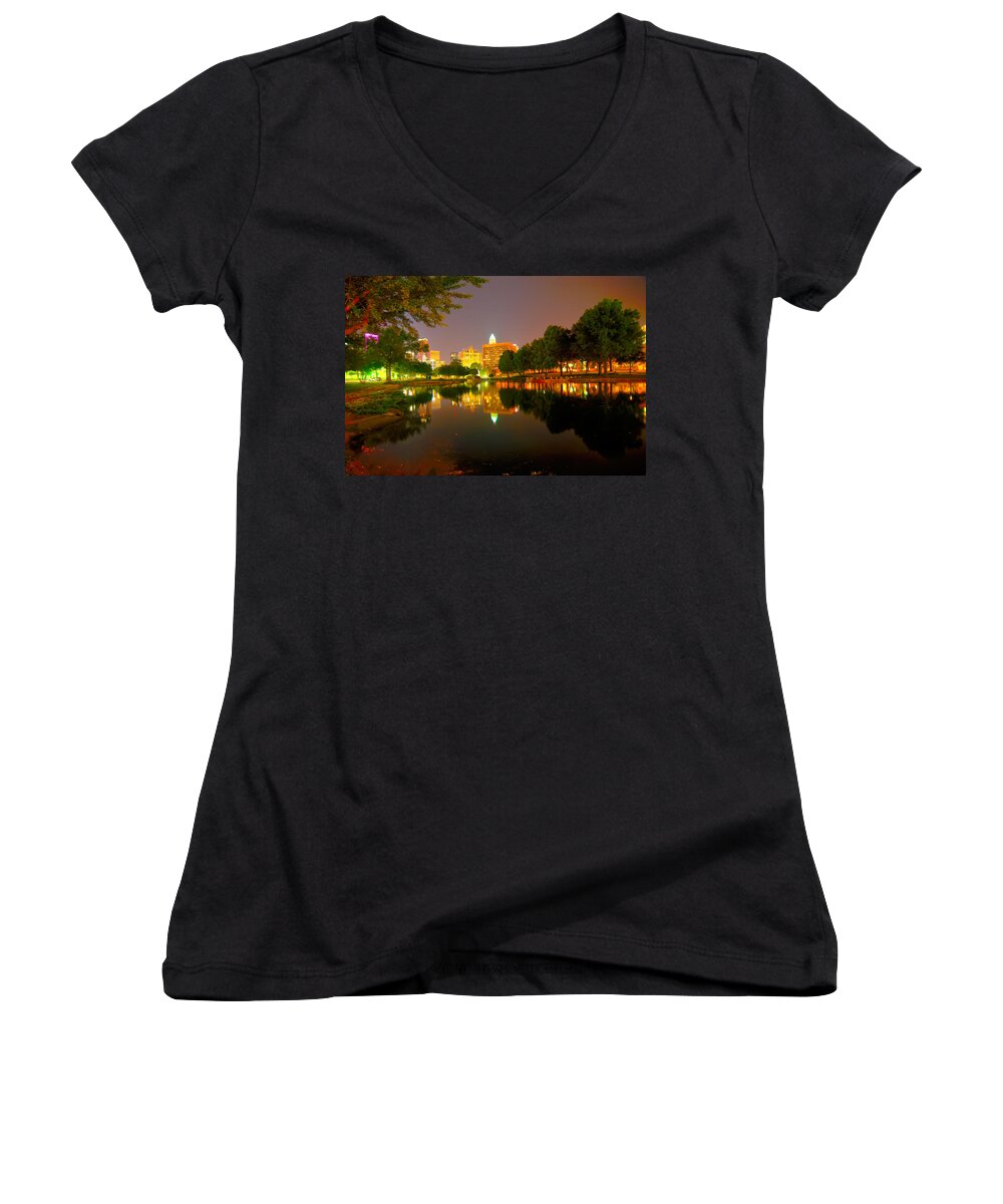District Women's V-Neck featuring the photograph Skyline of uptown Charlotte North Carolina at night #3 by Alex Grichenko
