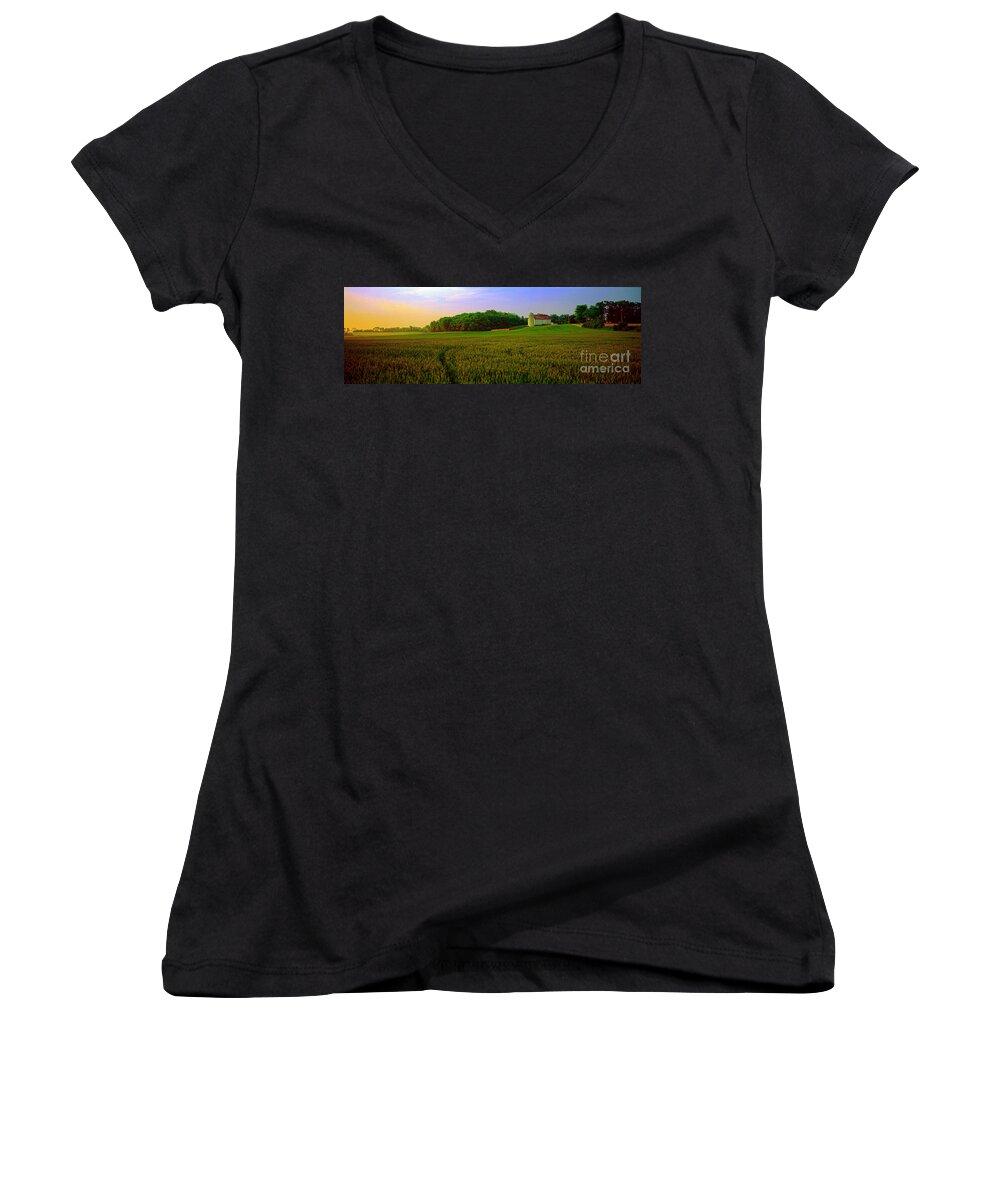 Conley Women's V-Neck featuring the photograph Conley road, spring, field, barn  by Tom Jelen